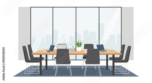 Modern conference room with laptops and large windows