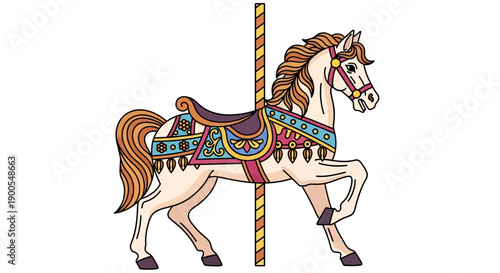 Colorful carousel horse illustration with ornate saddle and pole