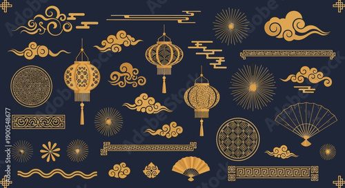 Golden Chinese Decorative Elements: Lanterns, Clouds, Fans, and Sunbursts
