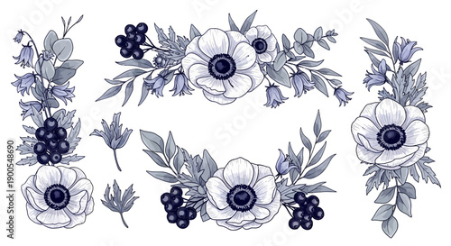Elegant Anemone Flower Bouquets and Berry Sprigs Botanical Design Elements