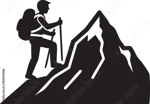 Hiker with backpack climbing mountain icon isolated on white background.