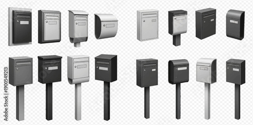Set of modern mailboxes in various styles and colors, isolated on a transparent background.
