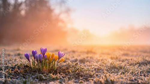 Crocus flowers bloom in frosty meadow. Crocus buds glow at sunrise, crocus colors signal spring equinox, first day of spring greeting, seasonal renewal banner with copy space, warm light