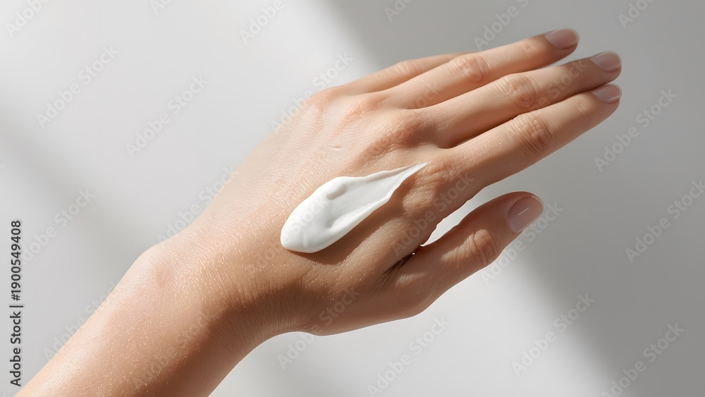 Naklejka premium White skincare cream smear on back of hand with soft natural lighting
