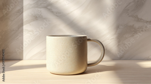 A neutral-toned ceramic mug illuminated by sunlight