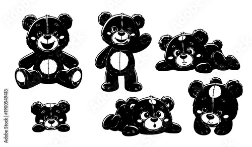 Fluffy cartoon teddy bear vector collection with cute stuffed toy characters for baby design