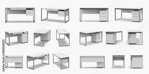 Set of modern office desks with drawers, isolated on transparent background, in various angles for business and home workspace design.