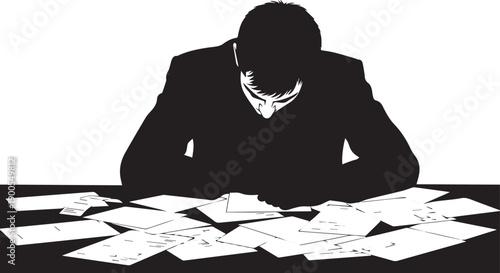 Man overwhelmed by papers and bills on desk, financial stress vector silhouette illustration