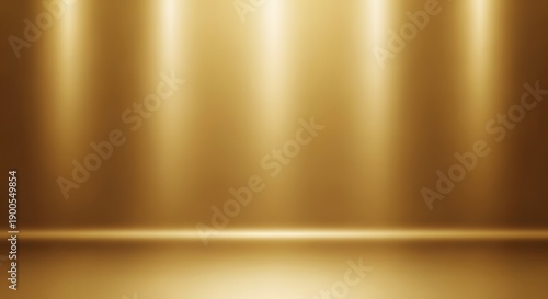 Golden stage background with spotlight beams, for mockup or presentation, shiny metallic surface