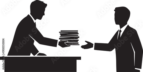 Two businessmen silhouettes exchanging stack of papers across office desk isolated on background