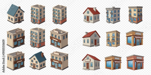 Isometric city buildings, houses, and shops set for game or map design.