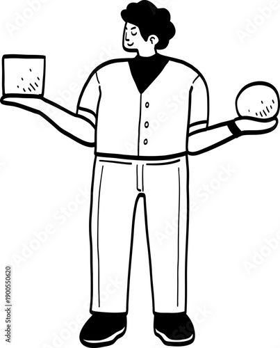 cartoon man holding abstract art 