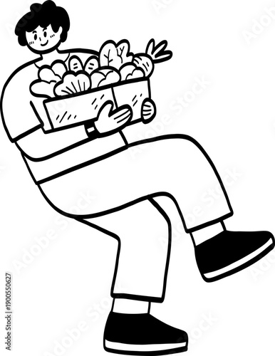 cartoon man carrying vegetable box.