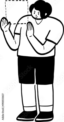 cartoon man drawing rectangle with hands.