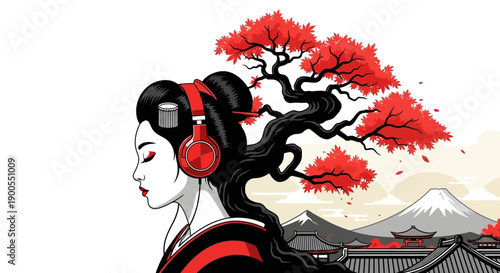 Japanese Geisha Listening to Music with Headphones Against Mount Fuji Background