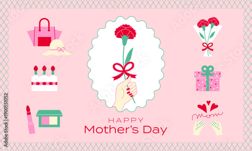 母の日イラストセット　カーネーション・ギフト・フレーム・背景