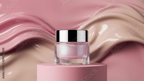 Seamless loop of a static cosmetic jar mockup displayed on an abstract background of softly flowing pastel pink and beige liquid waves beige, advertising, presentation