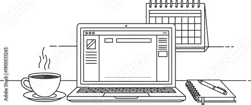 Minimalist line art illustration depicts a focused desktop workspace setup featuring a steaming coffee cup a laptop and a wall calendar