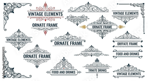 Collection of vintage ornate frames and decorative elements for design