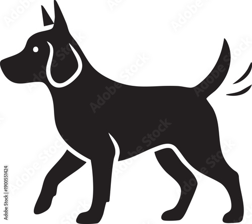 Black silhouette of a dog in motion, isolated on white background.
