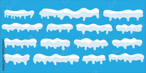 Cartoon snow caps. Set of snow cap. Snow caps, snowy ice and frozen icicles. Winter snowy decoration elements. Snow and ice, winter snowy caps for