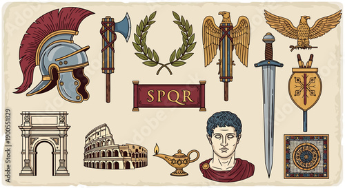 A comprehensive collection of hand-drawn Ancient Roman symbols, artifacts, and historical elements, depicting the rich culture and powerful empire's legacy