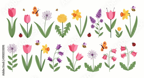 Vibrant Spring Flowers, Butterflies, and Bees Collection for Festive Designs