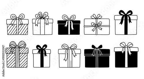 Collection of Hand-Drawn Gift Boxes with Ribbons and Bows, Black and White