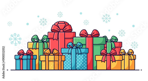 Pile of Colorful Christmas Gift Boxes with Snowflakes - Festive Holiday Present Illustration