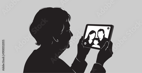 Elderly Woman Holding Smartphone with Family Video Call Silhouette