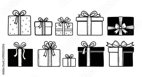 Set of Hand-Drawn Gift Boxes with Ribbons, Isolated on White Background
