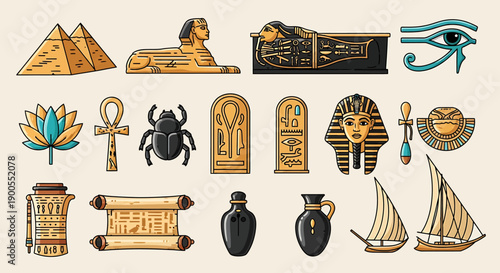 Vibrant vector set of ancient Egyptian cultural symbols and artifacts. Features iconic pyramids, sphinx, pharaohs, hieroglyphs, and mythology elements for creative design projects