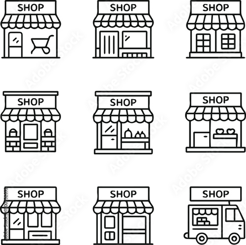3x3 black and white shop icons grid with mobile food truck