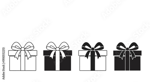 Collection of Four Gift Boxes with Bows, Two Outlined and Two Solid Black