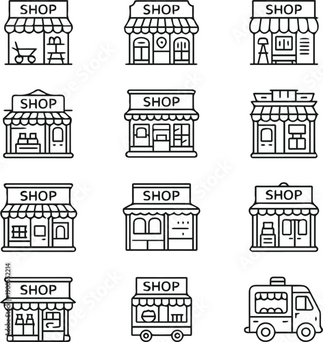 black and white shop storefront line icons in a grid
