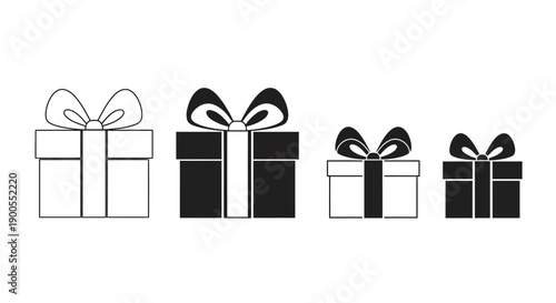 Set of four gift boxes with bows in black and white outline and filled styles