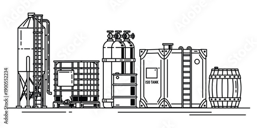 Industrial storage facility equipment with silo and tank vector line icon set