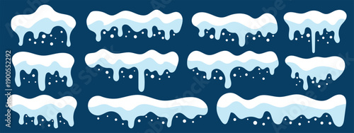 Collection of cartoon snow caps and icicles in a simple, flat design. Set with various frozen snow and ice elements, perfect for decorating roofs, text, or frames for a winter theme