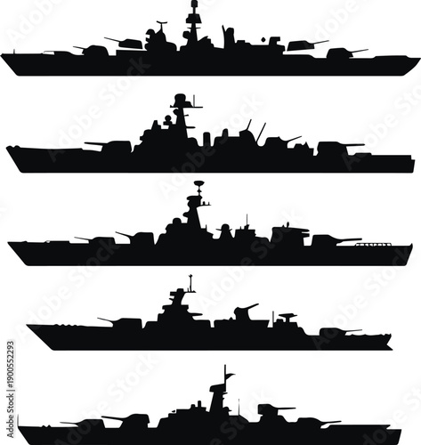 Modern warship silhouettes on light background