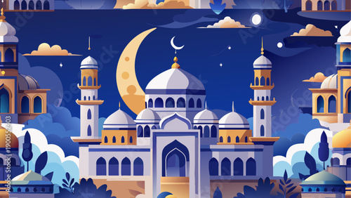 Vibrant cartoon mosque with crescent moon and stars