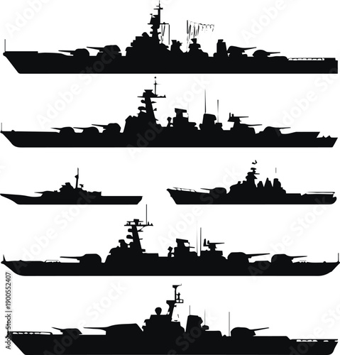 Vertical side-profile lineup of five warships with copy space
