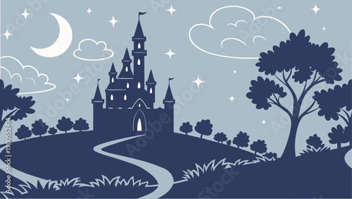 Fairytale castle night scene with moon and stars