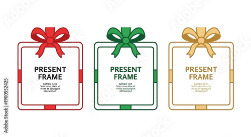 Three decorative gift box frames with ribbons and bows, in red, green, and gold