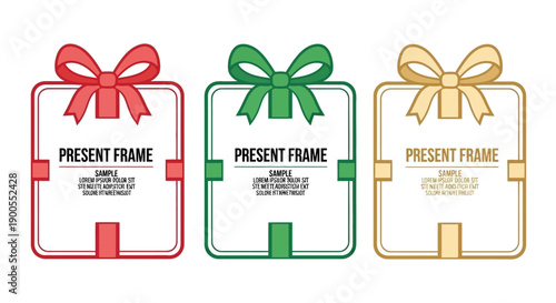Set of Three Gift Box Frames with Ribbons and Bows in Red, Green, and Gold