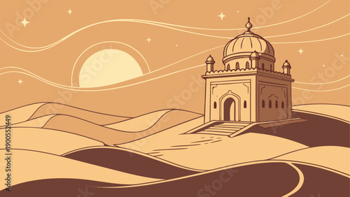 Desert landscape with ancient temple vector illustration