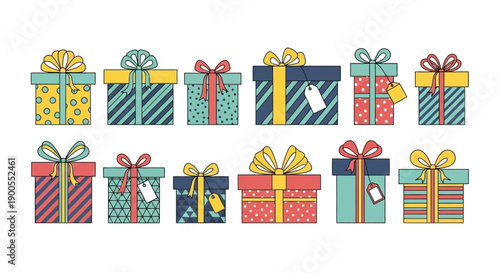 Collection of colorful gift boxes with bows and ribbons, vector illustration set