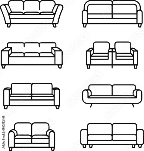 Stylized sofa icons conveying comfort and modern living