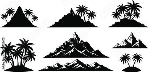 Set of tropical island silhouettes with palm trees and mountain peaks, summer vacation and travel icons, black nature vector illustration, isolated landscape elements
