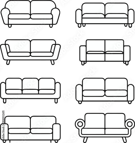 Black and white sofa line art grid of nine designs