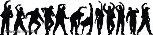 Set of various human silhouettes including businessmen on phones, wheelchair users with laptops, joyful families, professional swimmers, dancers, and festive birthday celebration elements,